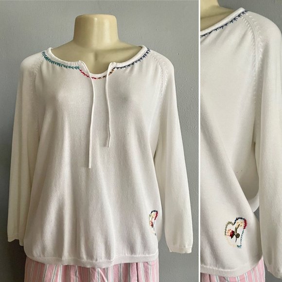 Vintage 80s White Stag Sweater Size L in White with Floral details long sleeves - Picture 2 of 10